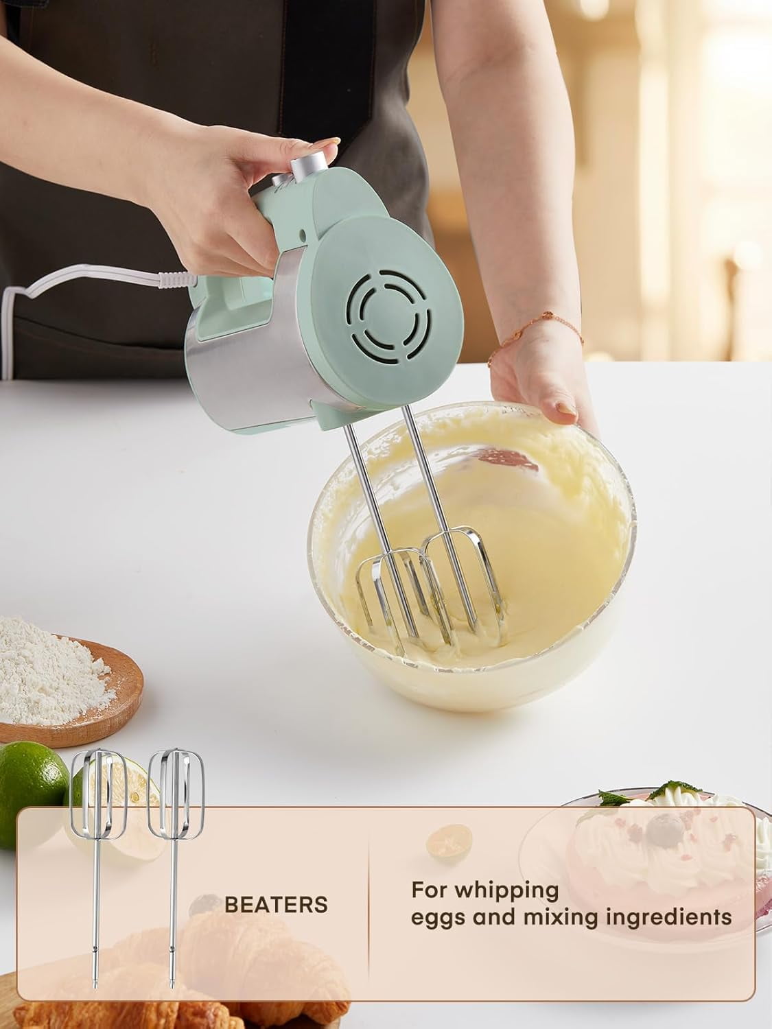 Hand Mixer Electric Handheld, 6 Speed & Turbo Mixer, 300W Handheld with 2 Stainless Steel Whisk and Dough Hook for Whipping, Mixing Cookies, Brownie, Cakes, Batters, Green