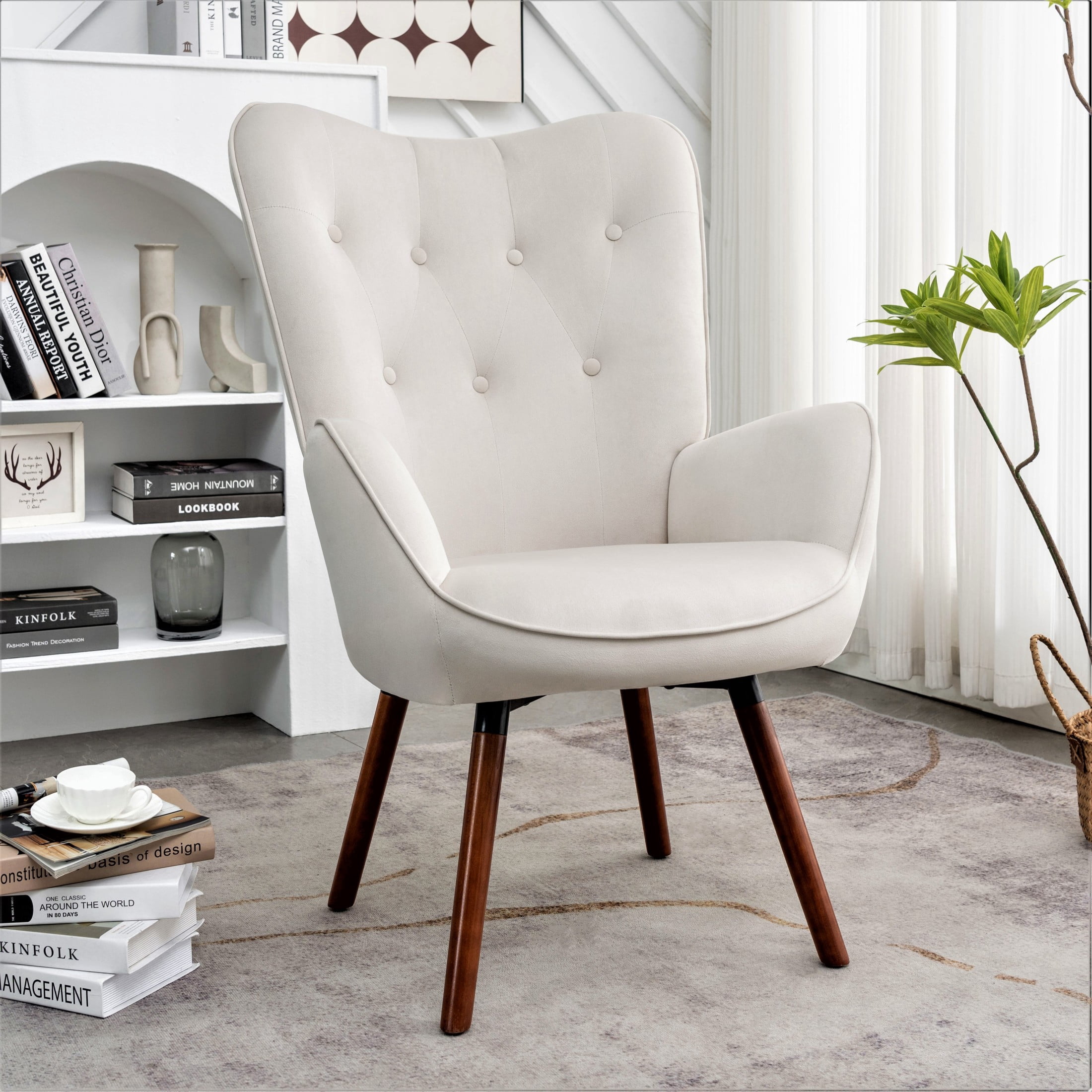 GDF Studio Mid-Century Modern Wingback Accent Chair with Button-Tufted Polyester Upholstery, Ivory