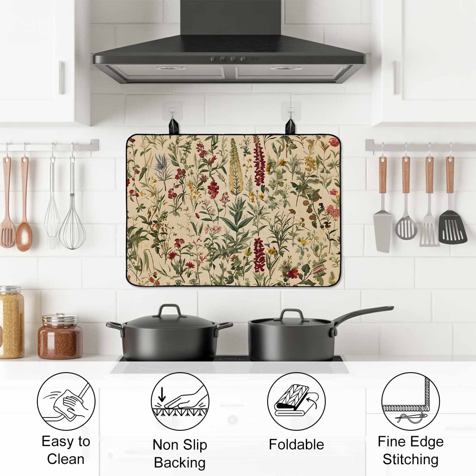 Rustic Botanical Stove Top Cover for Electric Stove, Heat-proof & Non Slip Glass Top Stove Cover Protector, Vintage Floral Wildflower Kitchen Flat Cooktop Rubber Mat 24x21 Inches