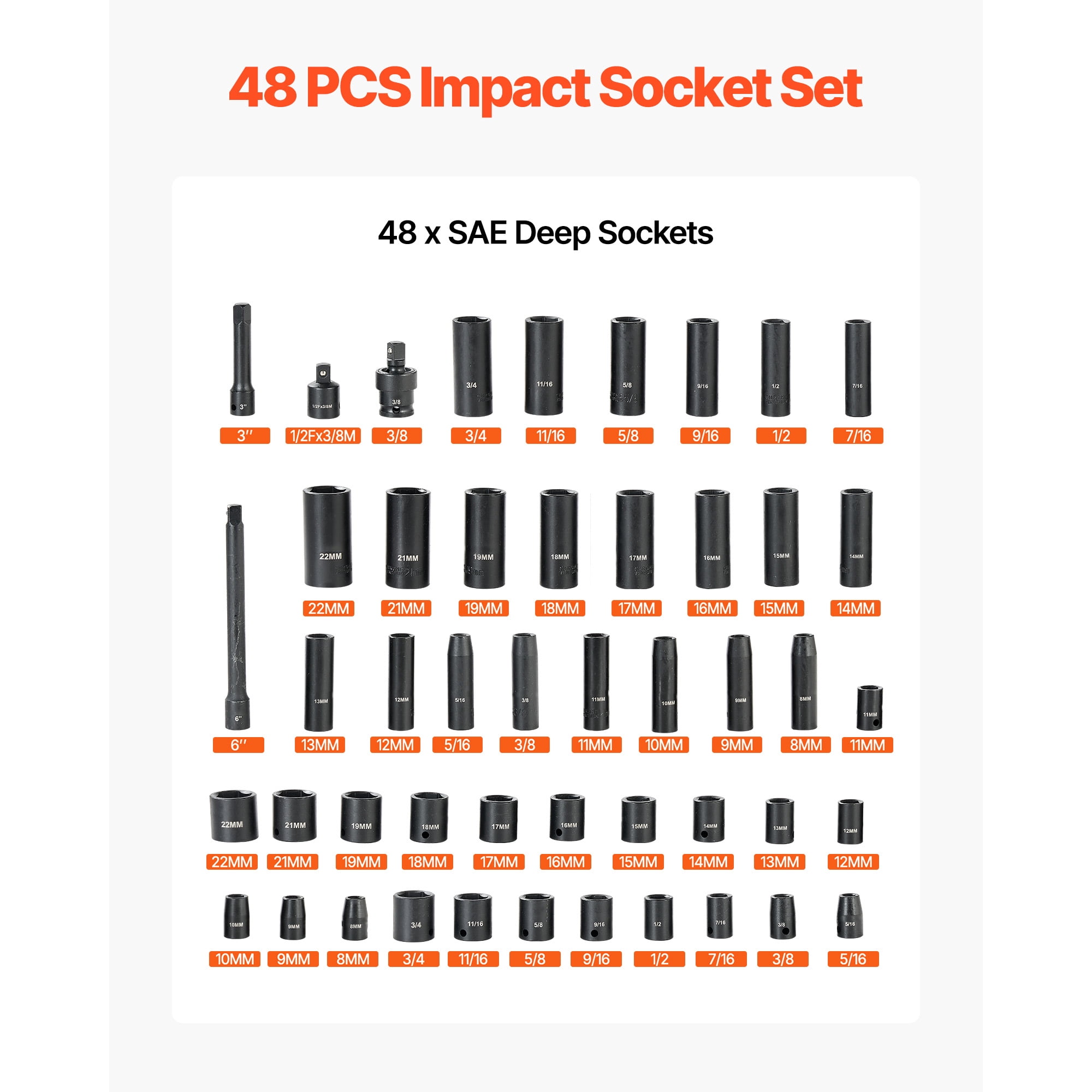 KFFKFF 48-Piece Impact Socket Set, 3/8" Drive, 6-Point SAE (5/16"-3/4") and Metric (8-19 mm, 21-22 mm), Cr-V Steel, Includes Extension Bar, Adapter, and Organized Storage Case