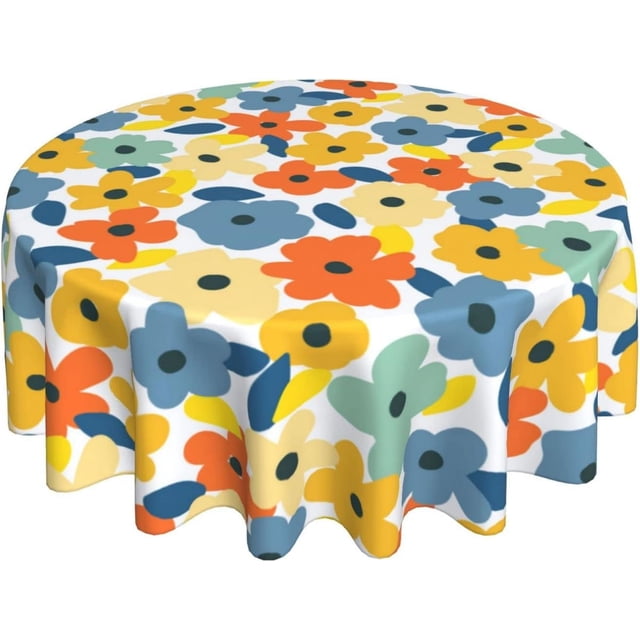 Nappe Florale Colorée de Ferme Jaune Orange Bleu Vert Fleurs Nappe Ronde 60 Pouces Printemps Été Automne Vintage Rétro Rustique Lavable pour Vacances Cuisine Salle à Manger Extérieur