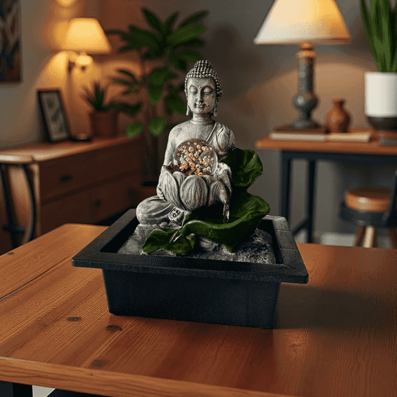 Tabletop Buddha Fountain Zen Style - LED Lights, Indoor Waterfall - 1pc