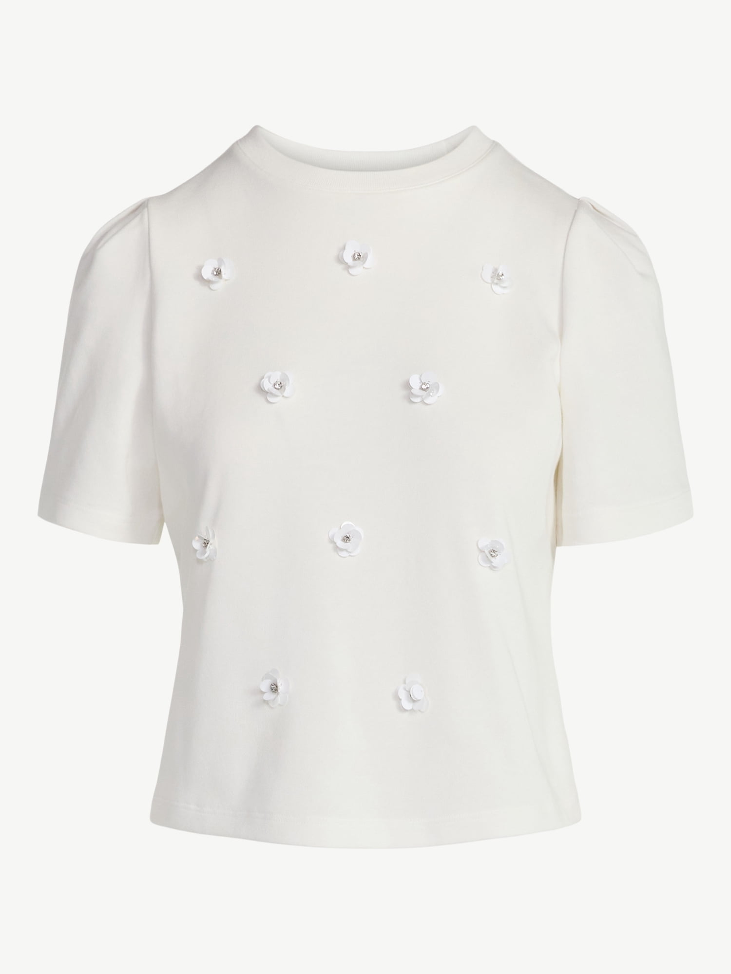 Free Assembly Women's and Women's Plus Embellished Pleat Shoulder Top with Short Sleeves, Sizes XS-4X