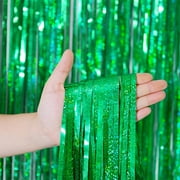 Fangsheng 2pcs 3ft x 6.6ft Green Metallic Tinsel Foil Fringe Curtains Photo Booth Props for Birthday Wedding Engagement Bridal Shower Baby Shower Bachelorette Holiday Celebration Party Decorations