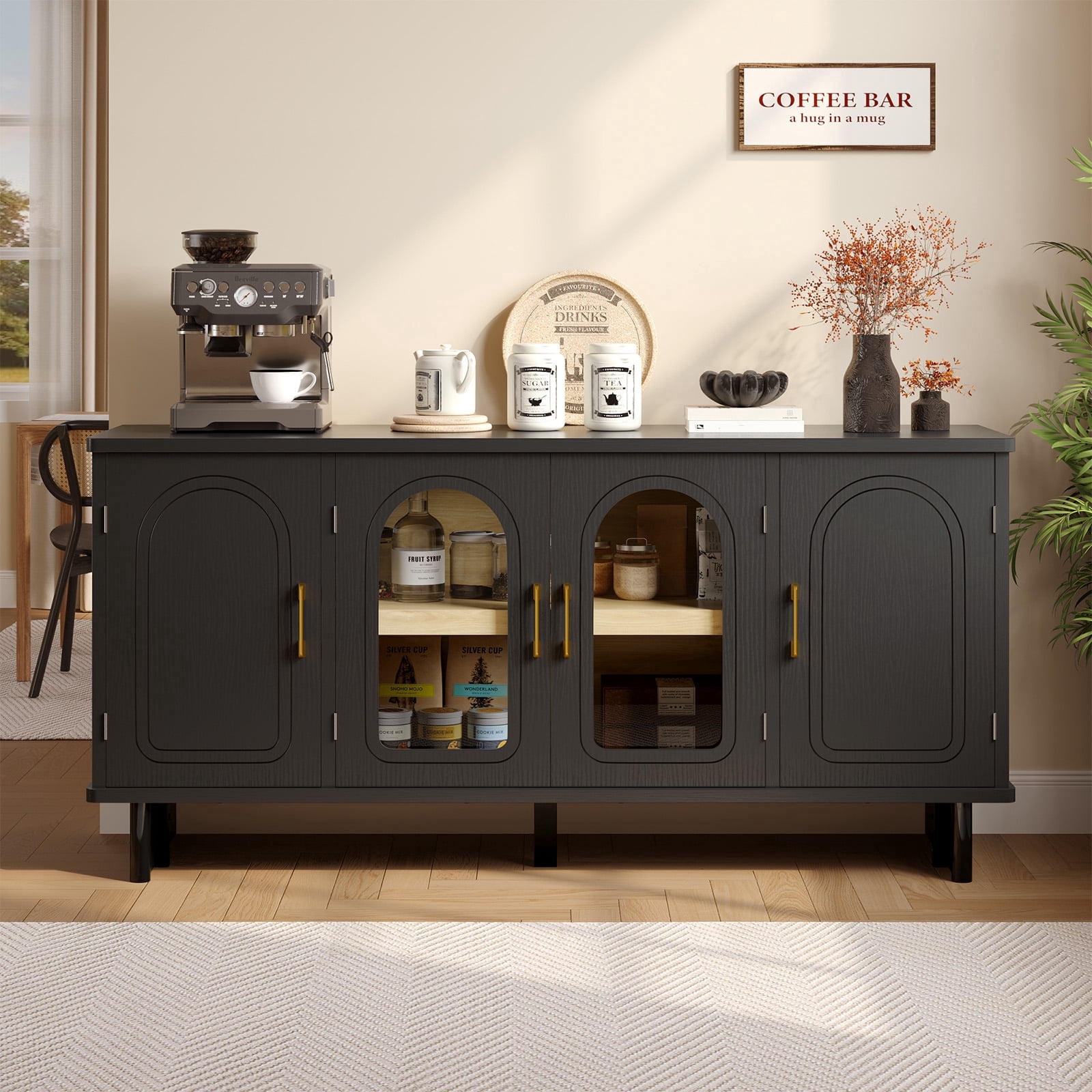 Bestier Mid-Century Modern TV Stand for 65 inch TVs, 4-Door TV Cabinet,TV Console Table with Glass Doors,TV Stand with Storage for Living Room/Dinning Room/Entrance Way/Coffee Bar,Black