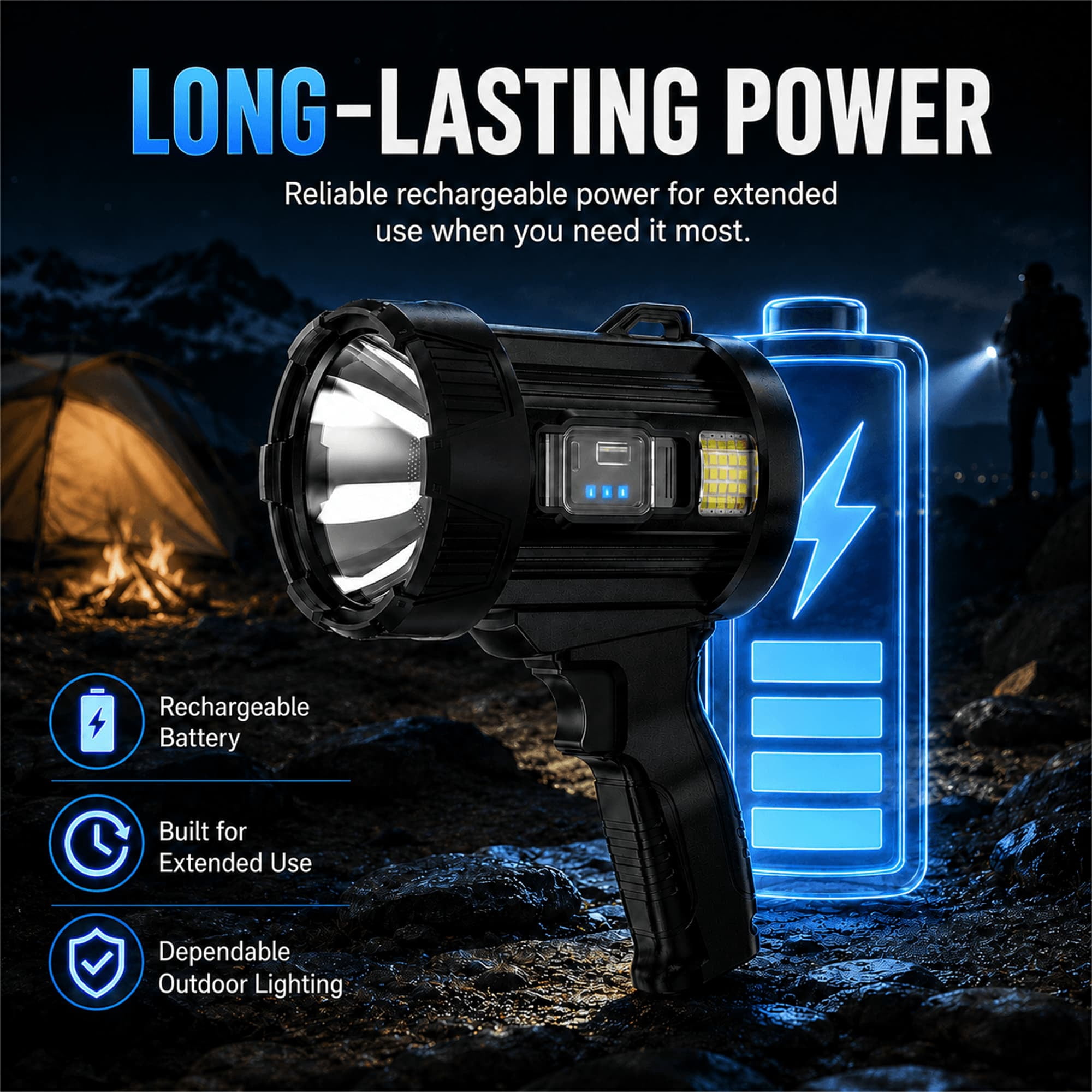 Sentryse Rechargeable Spotlight Flashlight, 99,000 Lumens Super Bright Handheld Spotlight, Long Running Spot Light Searchlight with Solar Panels for Hunting Boating Camping, Black Small