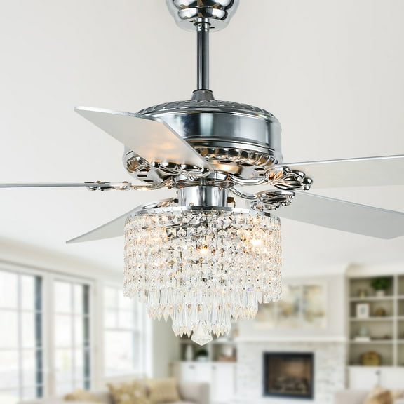 52" Ceiling Fan with Light Remote Control Crystal Lighting Fixture Reversible Blades 3 Speeds for Living Room