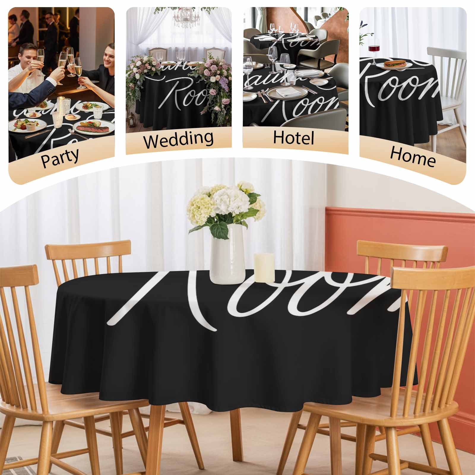 Round Tablecloth Laundry Room Waterproof Oil Proof Polyester Table Cloth Cover Decor for Home Dining Outdoor,Patio,Parties, 54" Dia. Black