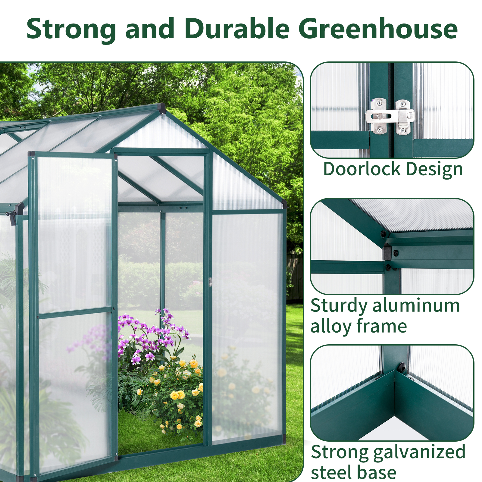 Tuekys 6*8FT Greenhouse for Outdoor, Polycarbonate Greenhouse with Roof Vent, Large Walk-in Greenhouse for Outside Garden Backyard