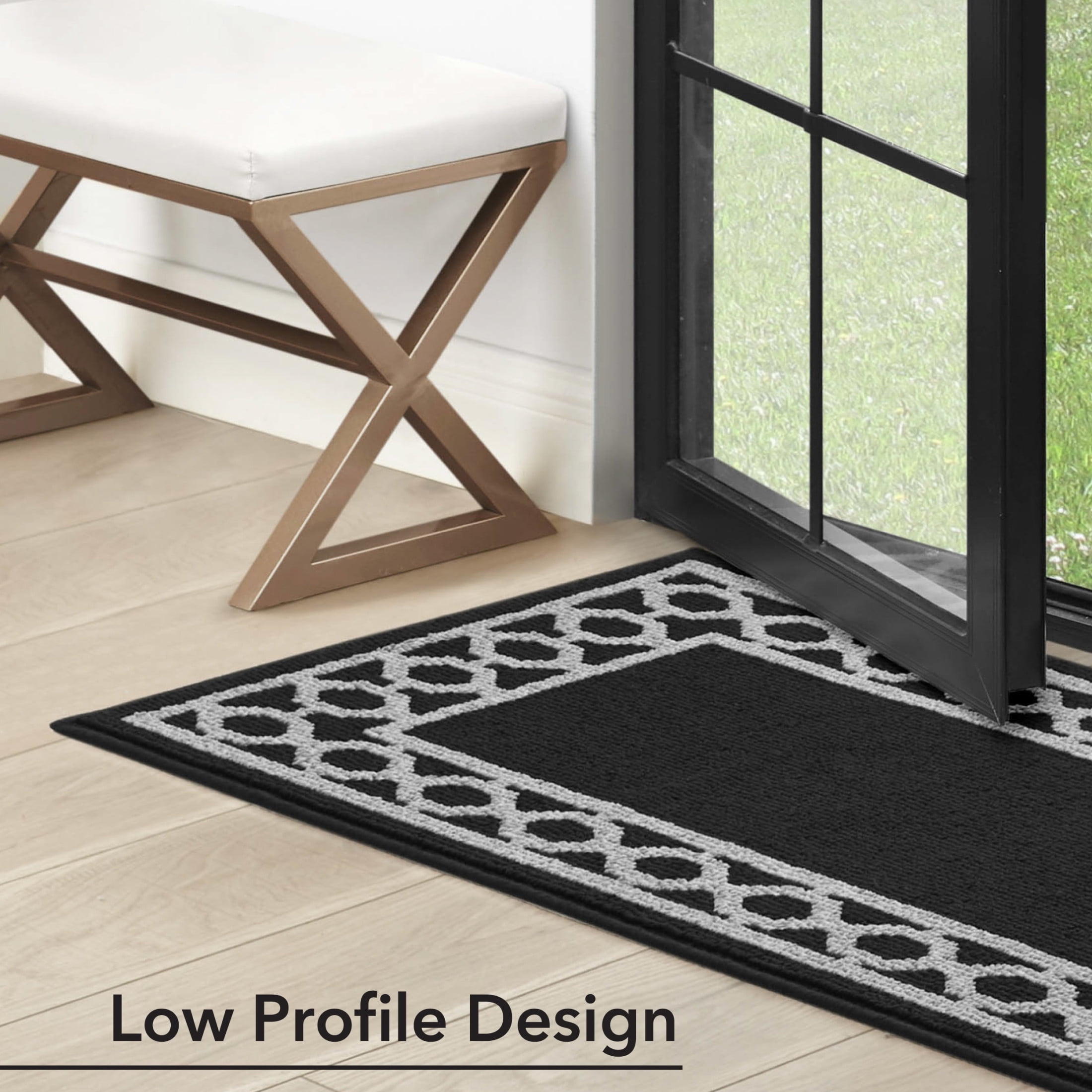 Washable Skid-Resistant Runner Rug, Trellis Border , Black and Twisted Grey , 30 " x 120"