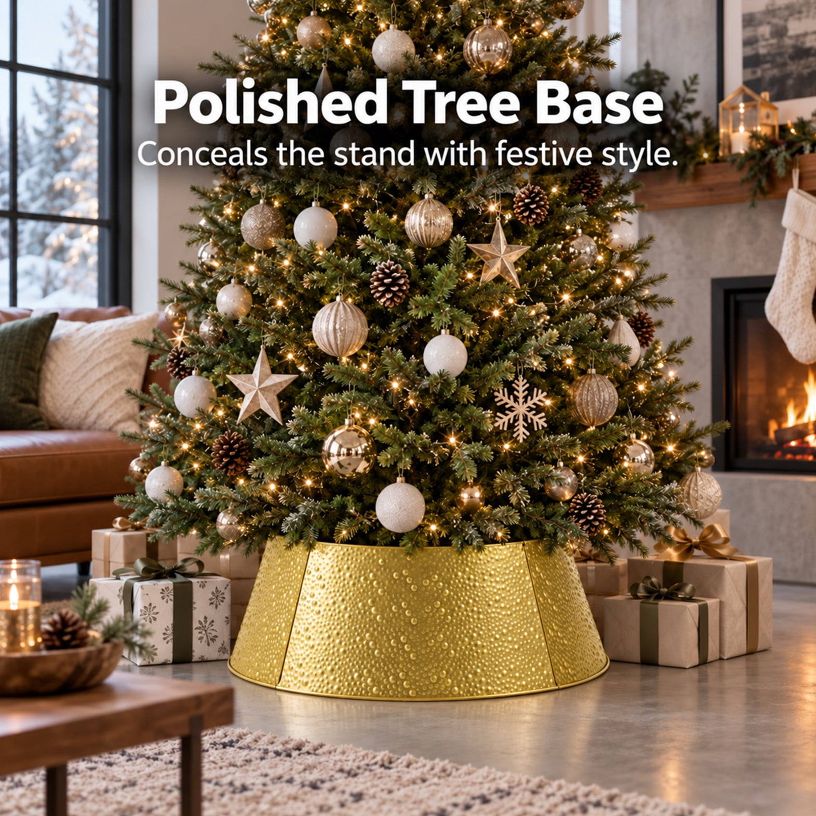 Alvantor Metal Christmas Tree Collar, Waterproof Cover, Gold, 26.57 x 22.05 x 9.45 In