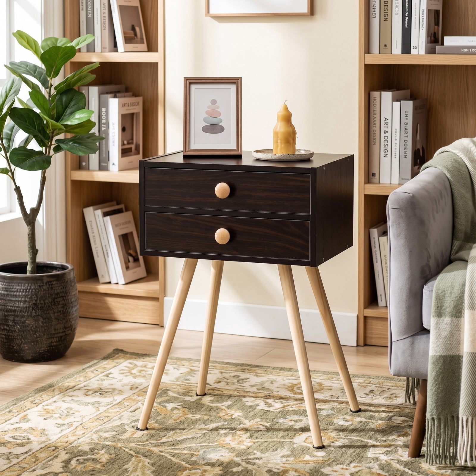 Furnibear Mid Century 2-Drawer Nightstand with Angled Solid Wood Legs and Anti-Tipping Kit for Bedroom and Living Room, Espresso