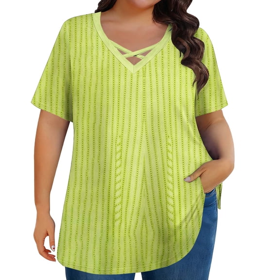 JTZGDY Plus Size Womens T-Shirts Dressy Casual Summer 3/4 Sleeve Tops Criss-Cross V Neck Tie Dye/Striped/Color Block/Floral Printed Flowy Tunic Tees Tops Loose Oversized Cozy Blouse Yellow XXXXL