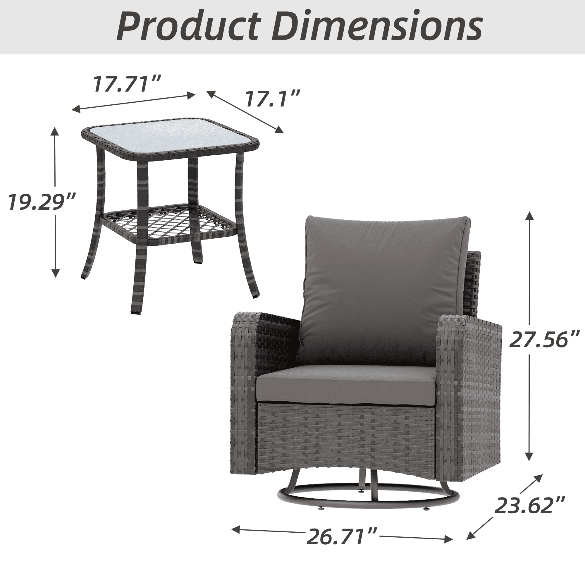 Homrest 3 Piece Outdoor Swivel Chairs -All Weather Wicker Patio bistro table and chairs set of 2 Small Patio Furniture Set for Balcony Porch Deck Backyard (Grey)