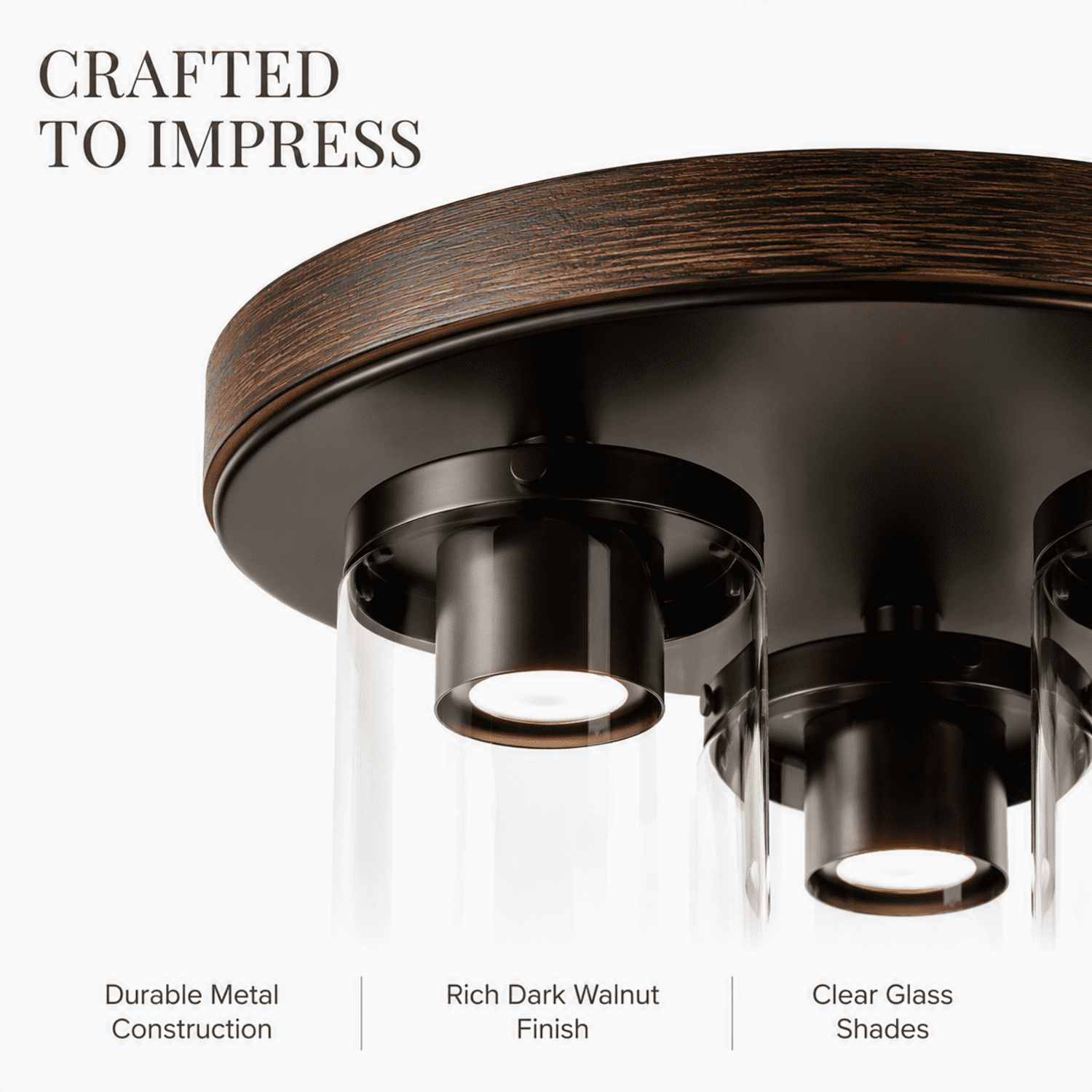 Better Homes & Gardens 12 in. Farmhouse 3-Light Walnut Flush Mount Ceiling Light with Clear Glass Shades