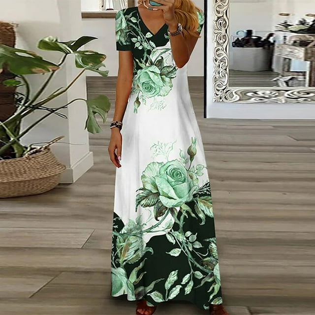 EGNMCR Robes de Vacances pour Femmes Robe Décontractée à Manches Courtes Imprimée Col en V Printemps et Été