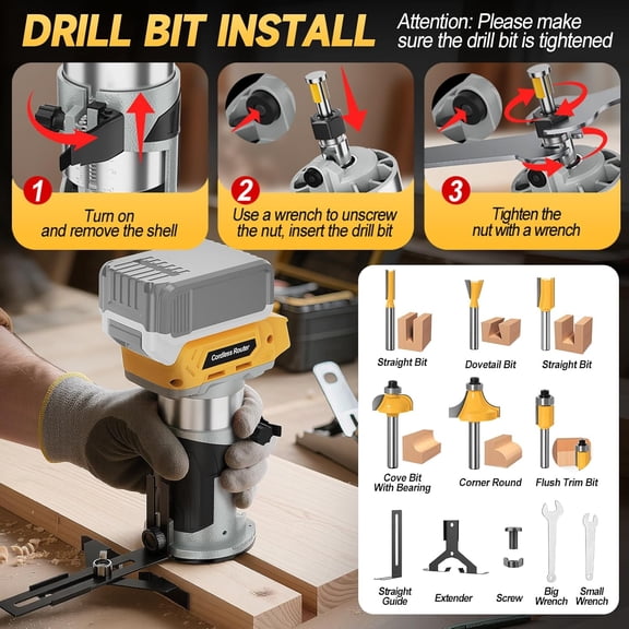 Cordless Router Tool for De-Walt 20V Battery, 800W 30000 RPM Brushless Wood Router with 5-Speed Control, Aluminum Base, Depth Adjustment, 6 Router Bits, Palm Router for Woodworking(Tool Only)