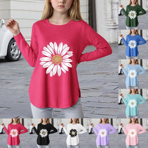 Caqnni 7-8 Years Boys Girls T Shirt Oversized Long Sleeve Shirts Kids Curve Hem Side Slit Soft Tunic Tops Girls Fashion T Shirts 5 14 Years,A126-Red