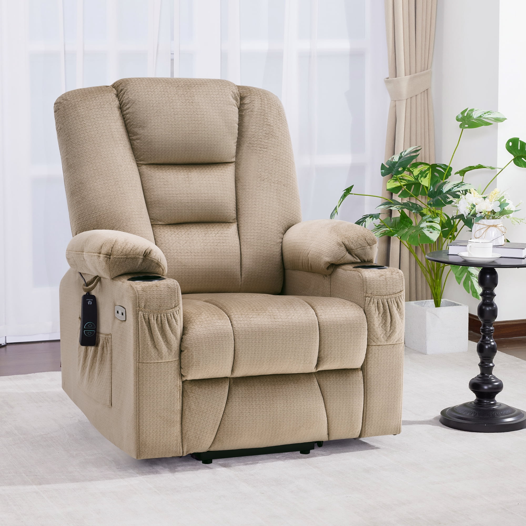 MCombo Power Lift Recliner Chair Sofa with Massage and Heat for Elderly People, Extended Footrest, Hand Remote Control, Cup Holders, USB Ports, Fabric 7529 (Medium, Beige)