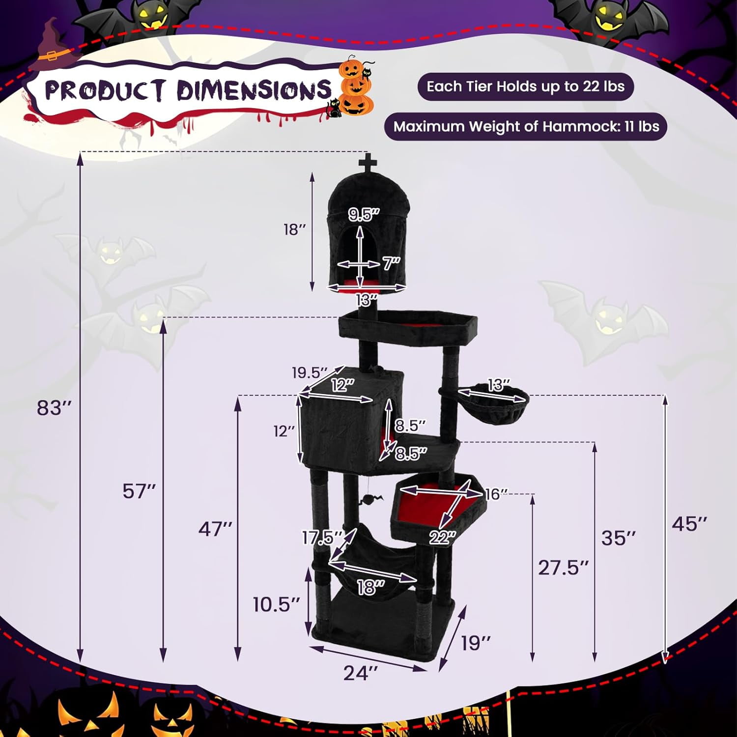 YounGG Gothic Cat Tree, 83 Inch Tall Cat Tower with Sisal Covered Scratching Posts, 2 Coffin Beds, 2 Cat Condos, Hammock, Basket Bed, Halloween Pet Furniture, Black Goth Cat Tree for Indoor Cats