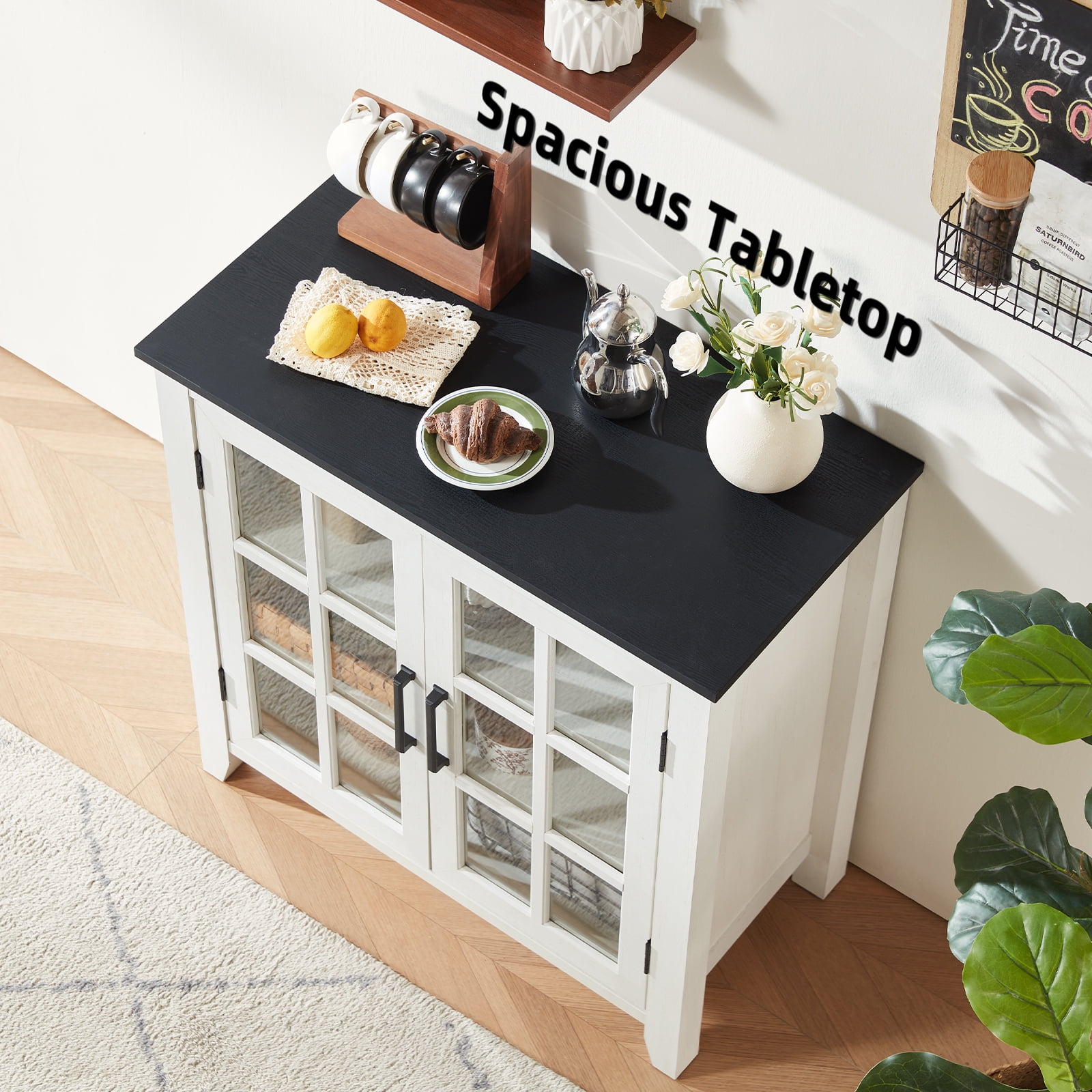 Joaxswe Sideboard Buffet Bar Cabinet Farmhouse 2 Glass Doors Coffee Wine White 32 Inch