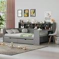 thumbnail image 3 of Modern Farmhouse Full Size Daybed with Two Storage Drawers and Desk, Multi-functional Storage Bed with Shelves for Small Space Bedroom Office, Gray, 3 of 16
