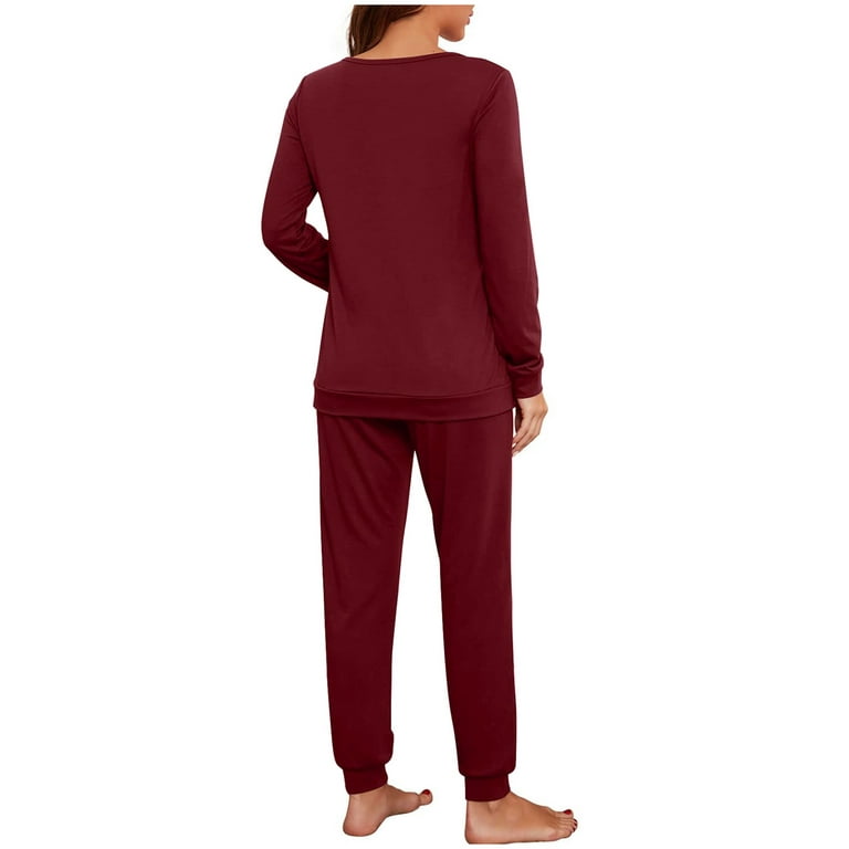 Lisingtool Pajamas for Women Set Womens Pajama Set Long Sleeve Sleepwear  Nightwear Soft Sets with Pockets Pajama Pants Wine 