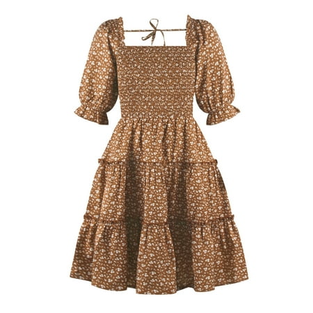 

Baby Girls Floral Print Puff Sleeve Square Neck Play Casual Dresses Size S-L