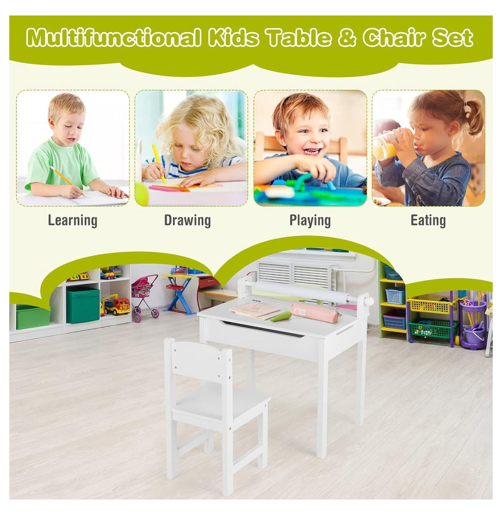 Kids Table and Chair Set, Wooden Lift-Top Desk & Chair with Storage, Paper Roll Holder & Pen Slot, Activity Table Set for Art, Children Furniture Set for Daycare, Playroom (White)