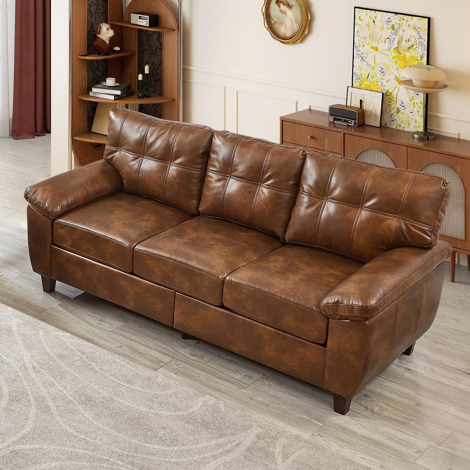 Aukfa 2-Piece PU Leather Sofa Set, Vintage 3-Seater Couch and Loveseat with Storage Space, Upholstered Living Room Furniture Set, Brown