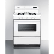 30" wide gas range in white with open burners, oven window, high backguard, and spark ignition