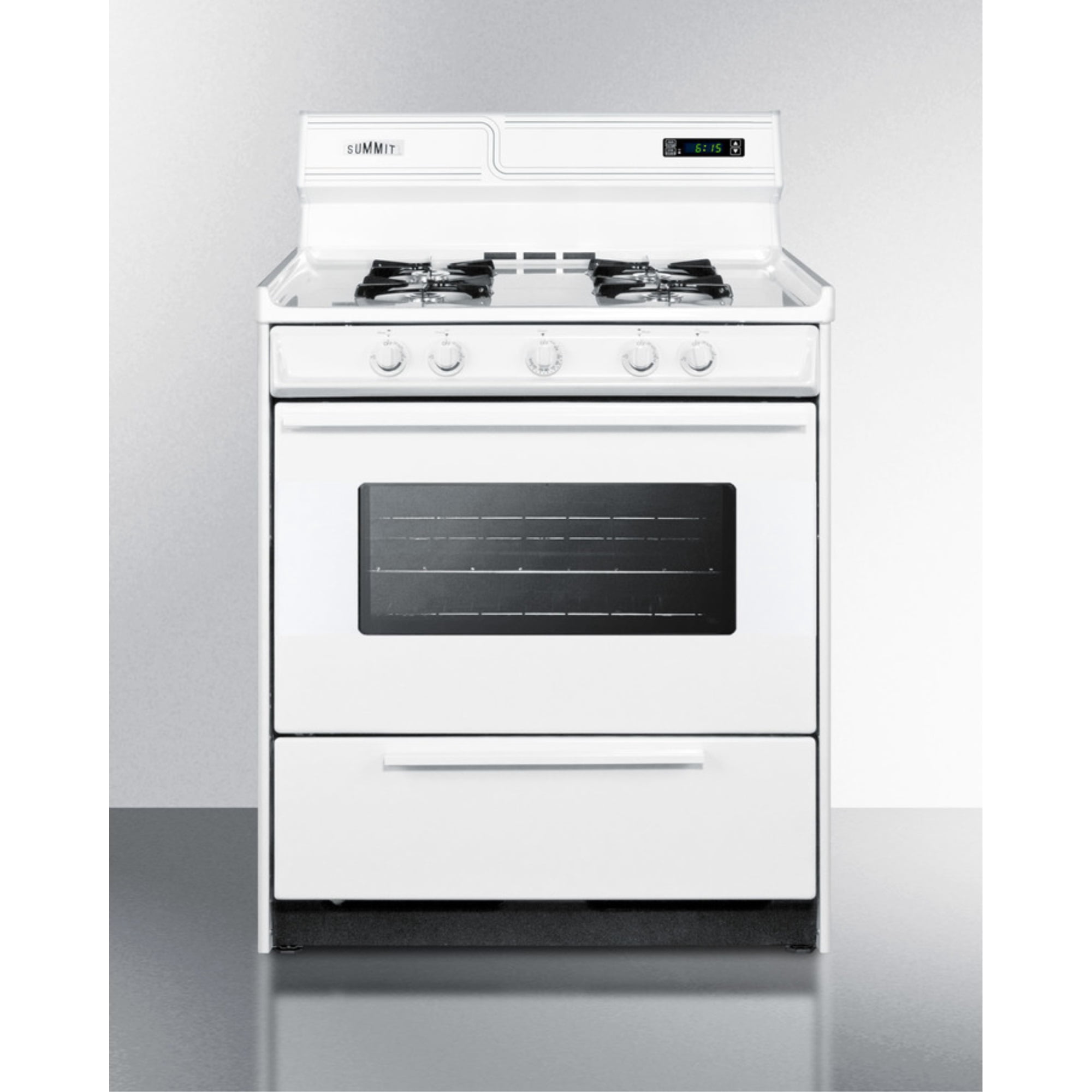 30" wide gas range in white with open burners, oven window, high backguard, and spark ignition