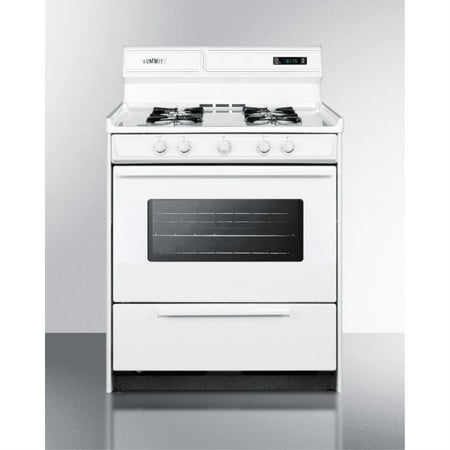 30  wide gas range in white with open burners  oven window  high backguard  and spark ignition