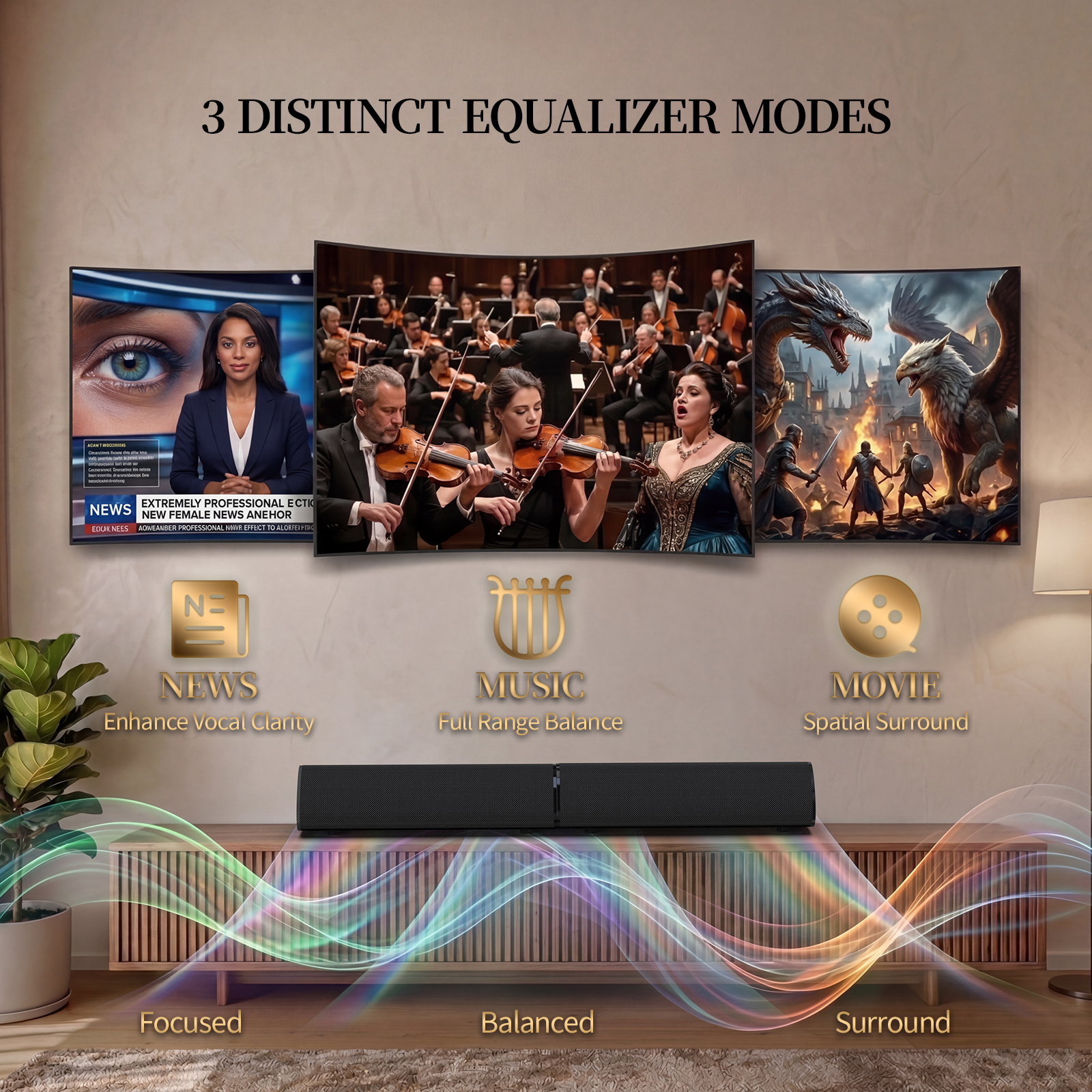 Barra de sonido Jierben para TV inteligente, desmontable 2 en 1, sistema de cine en casa con 3 modos de ecualización, conexión Bluetooth 5.4/HDMI-ARC/Óptico/AUX para PC/Juegos/Proyectores 5