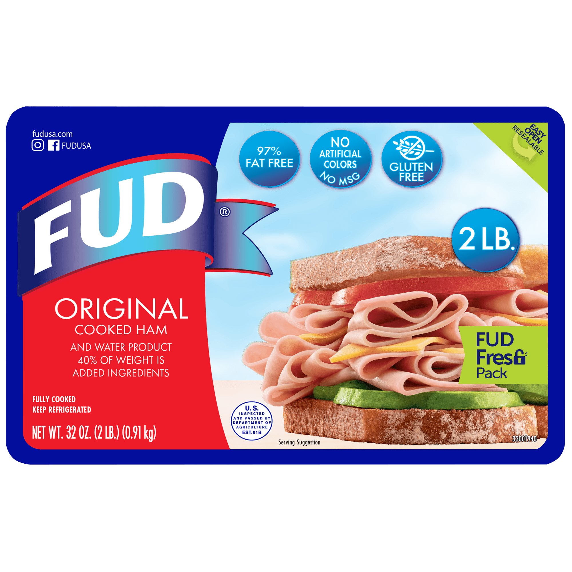 FUD Original Sliced Cooked Ham, Refrigerated Deli Meat, Fully Cooked, Ready-to-Eat, Resealable Pack, 32 oz (2 lb)