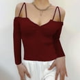 thumbnail image 2 of XFLWAM Women Spaghetti Straps Long Sleeve Ribbed Knit Top Off Shoulder V Neck Shirt Cold Shoulder Solid Color Slim Blouse Wine Red M, 2 of 6