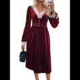 thumbnail image 2 of Vestido Formal Elegante de Terciopelo con Escote en V y Encaje Retro Estilo Vintage para Mujer. Rojo Vino M, 2 of 10