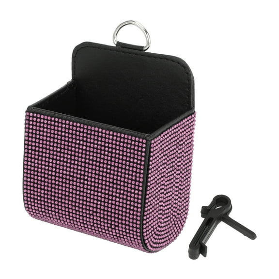 Unique Bargains Universal 3.5" Length 2.4" Width 4.7" Height Car Trash Can Hanging Trash Bin Faux Leather Rhinestones 1 Pc Black Pink