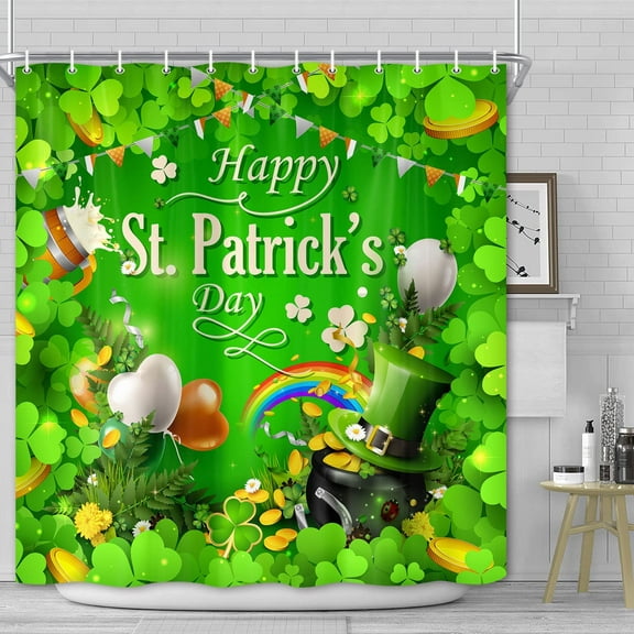 Happy St Patrick''s Day Shower Curtain, Cute Irish Gnome Truck Bathroom Accessories with Green Clover Shamrocks Design, St Patricks Decor Cloth Fabric Bathroom Curtains with Hooks 72 x 72 Inch