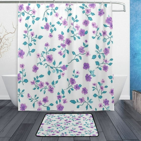 Bath Curtain & Non-Slip Bath Mat Set 12-Grommet Shower Curtain Memory Foam Bath Rug Small Pastel Purple Floral