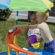 Step2 Waterpark Wonders Two-Tier Blue Plastic Outdoor Toy and Water Table for Toddler with Umbrella