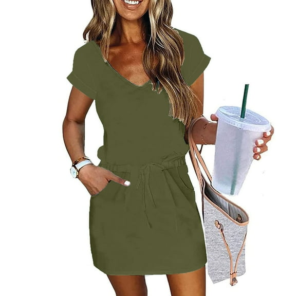 Cagogo Casual Spring Summer Sun Dress for Curvy Women Drawstring V Neck Short Mini Wedding Guest Dresses Elastic Waist Pocket Short Sleeve 2025 2025 Trendy Beach Vacation Dress