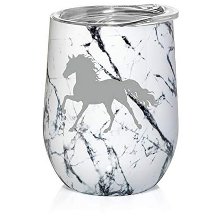 

12 oz Double Wall Vacuum Insulated Stainless Steel Marble Stemless Wine Tumbler Glass Coffee Travel Mug With Lid Horse (Black White Marble)