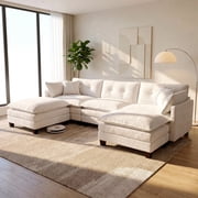 Amsleekey 111.5" U-Shaped Modular Sectional Sofa, Modern Chenille Cloud Couch with 2 Ottomans, Comfy Deep Seat Living Room Furniture, Beige