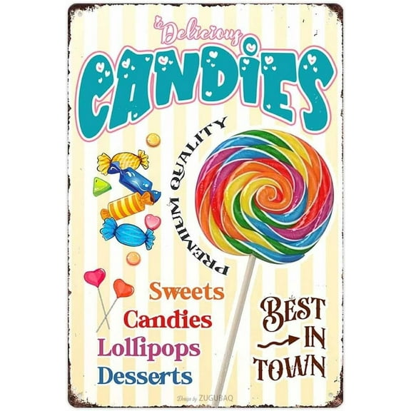 Candy Shop Tin Signs, Sweets Candies Lollipops Desserts Store Vintage Poster Metal Sign Art Wall Decor for Home Kitchen Bar Cafe, 8X12 Inch Retro Pink Hanging Plaque