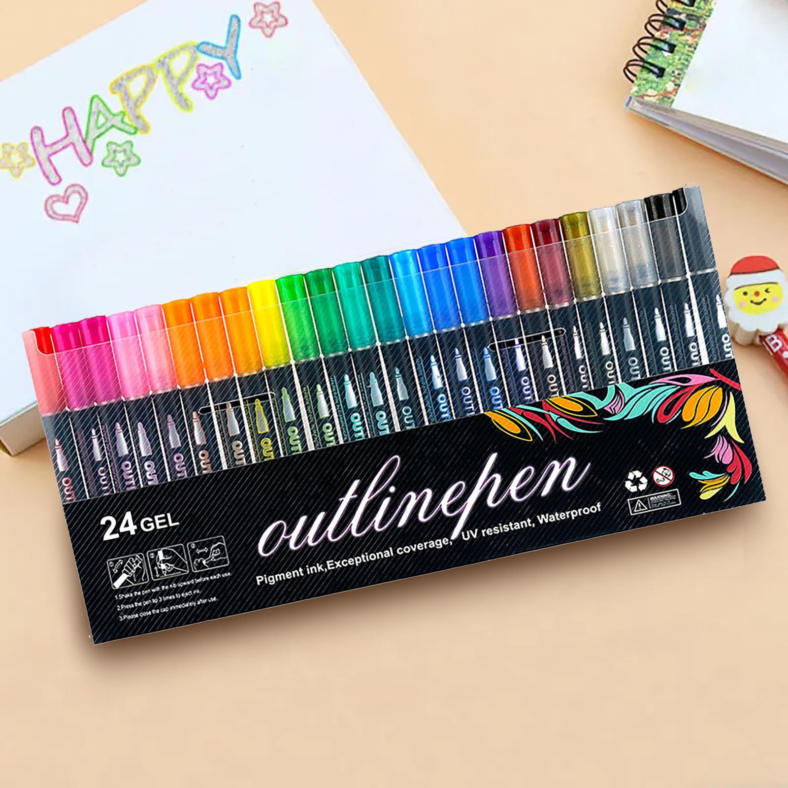 BNNG Double Line Outline Pens, 24 Colors Self-Outline Metallic Markers Glitter Writing Drawing Pens for Christmas Card Writing, Birthday Greeting, DIY Art Crafts, Scrap Booking