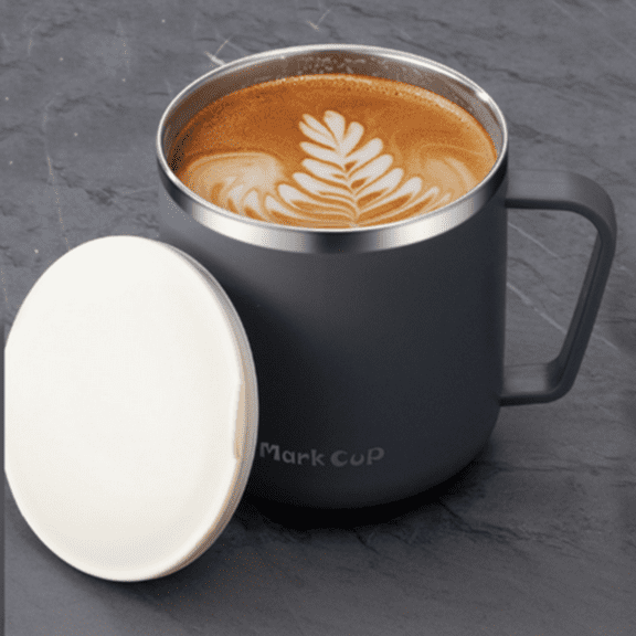 Djiypn 400ml Coffee Mug with Handle and Lid, Stainless Steel Double Insulated Tumbler Cup, Travel Coffee Cup Breakfast Cup for Home and Office, Gray