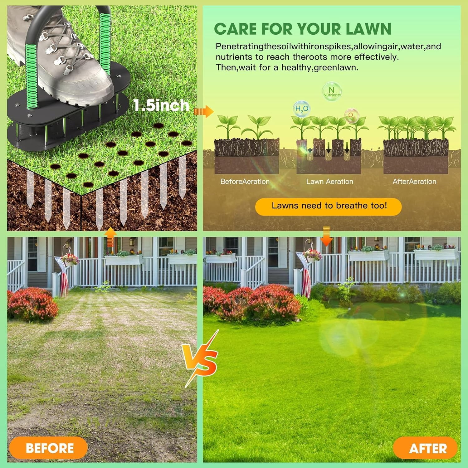 Lawn Aerator Automatic Dirt And Leaf Clean Design Pre-assembled 15 Iron Spikes Metal Soil Aerating Tools For Yard Garden  Tool