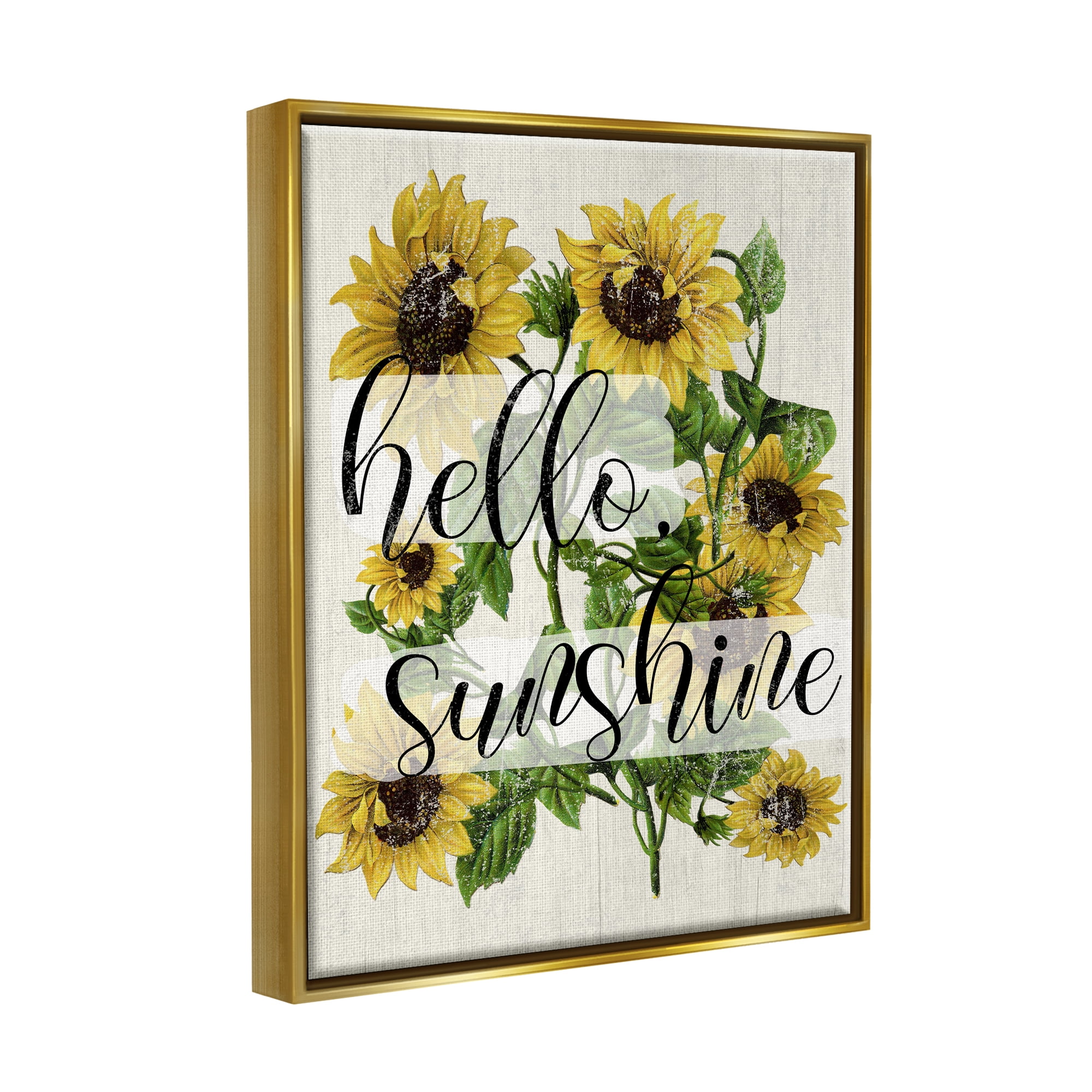 Stupell Industries Vintage Painted Sunflowers with Hello Sunshine Text Metallic Gold Framed Floating Canvas Wall Art, 16x20, by Daphne Polselli