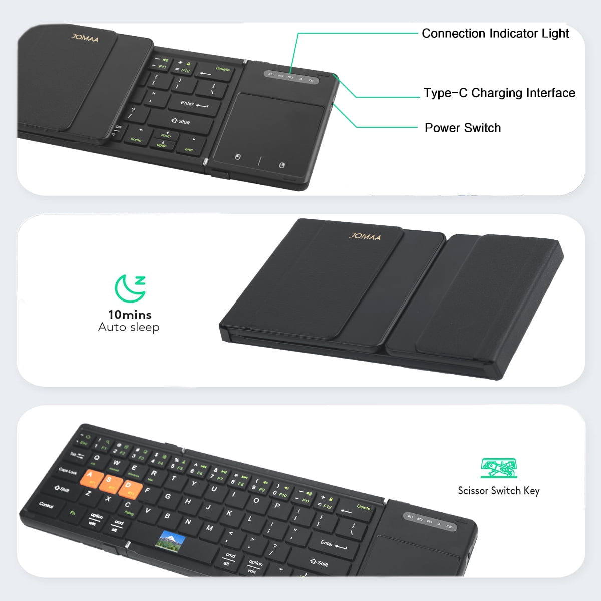 Jomaa Bluetooth Foldable Keyboard with Touchpad Left Right Keys Rechargable Wireless Keyboard for Windows Mac OS Laptop Tablets